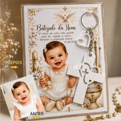 Chaveirinho cruz branco Kit Lembrancinha personalizada de batizado com foto e chaveiro